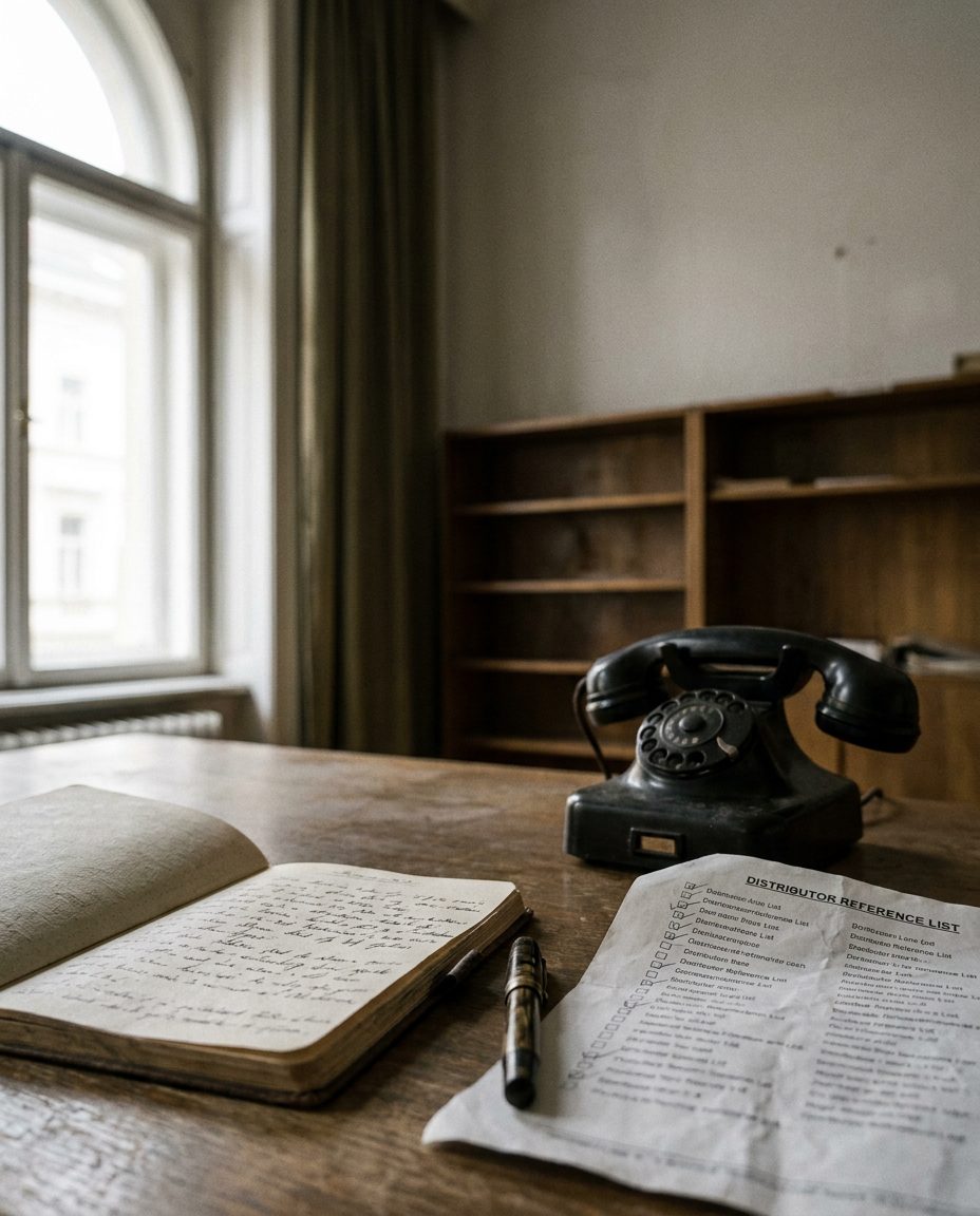An open notebook of handwritten interview notes beside a ticked reference list on a desk by a window