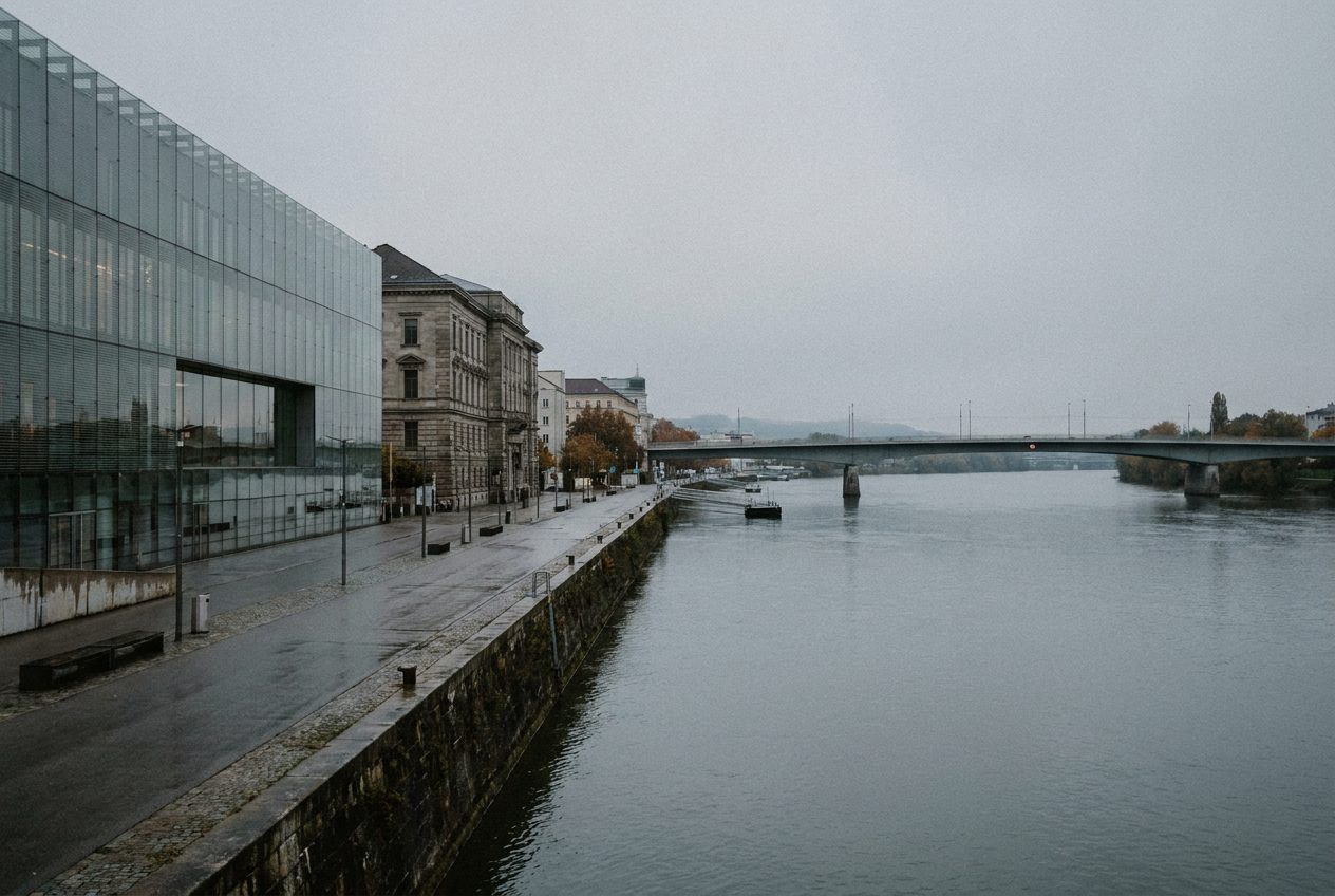 The Danube riverfront in Linz on an overcast morning