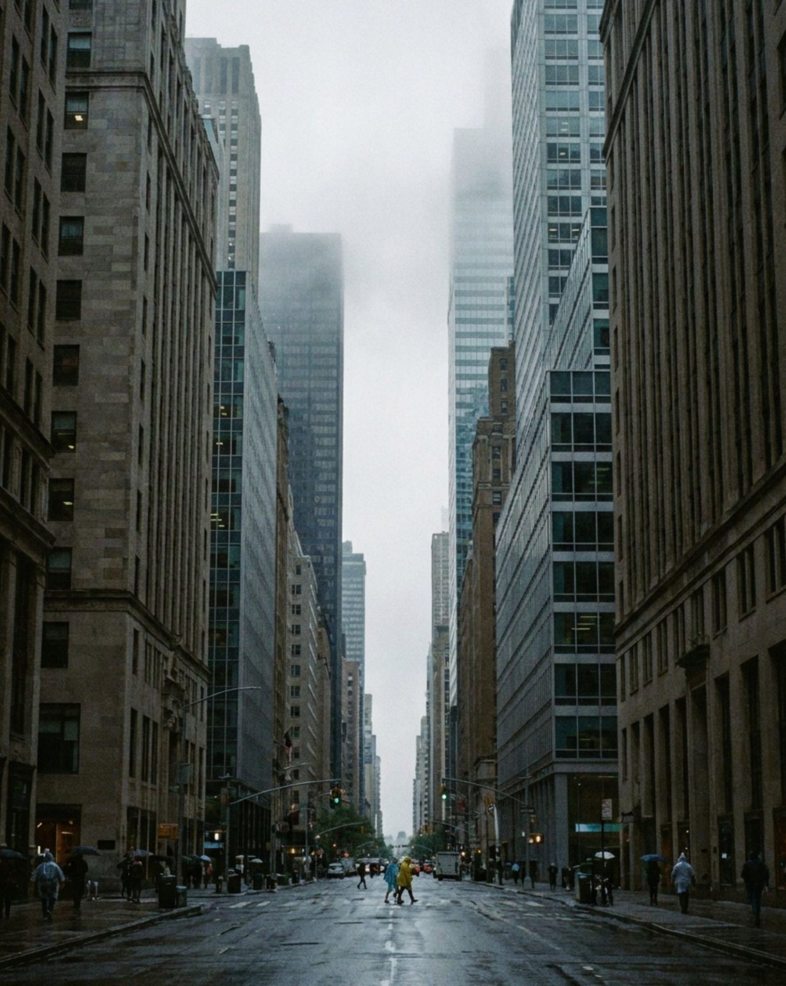 A Midtown Manhattan avenue between tall stone and glass towers on a misty morning