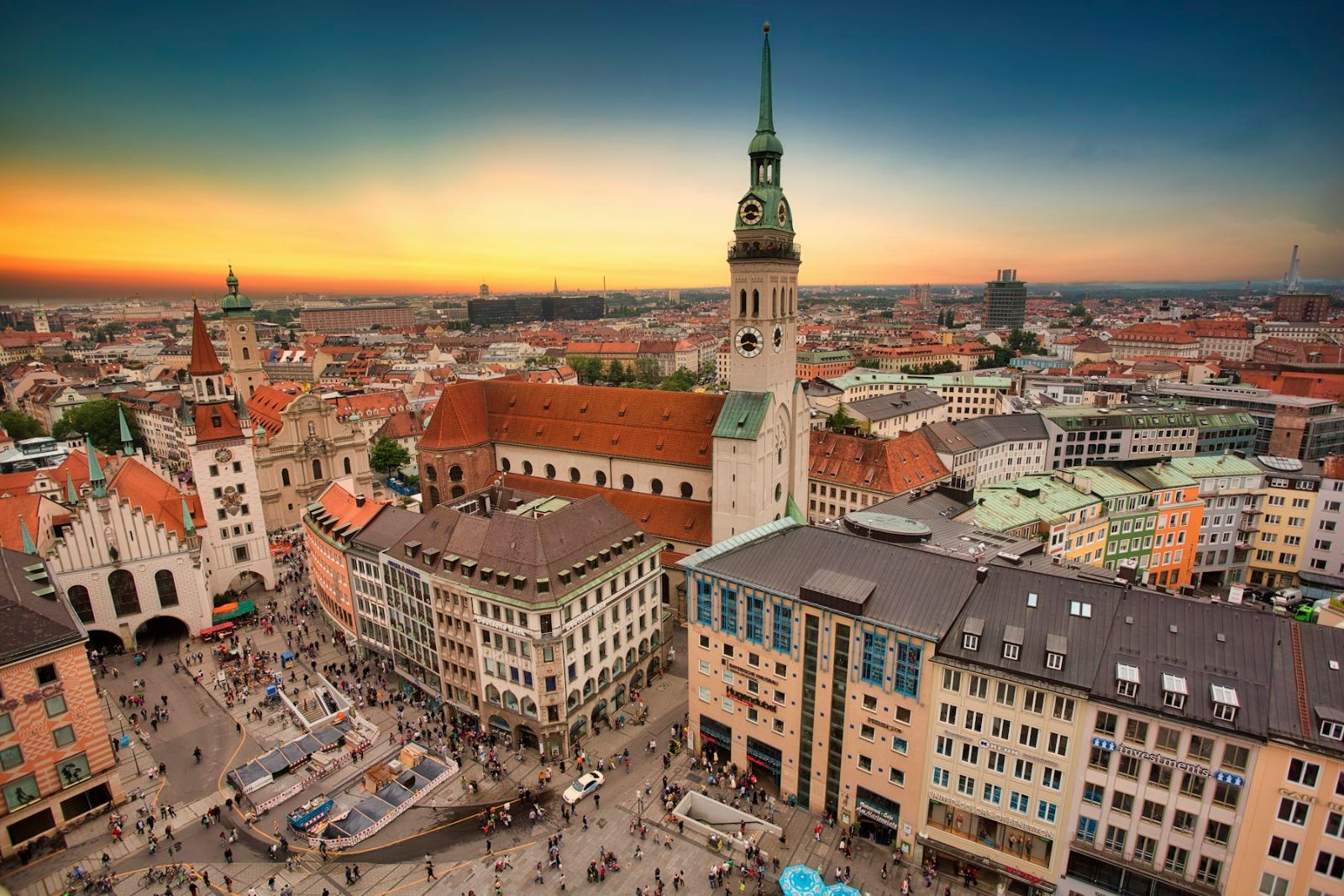 Munich’s old town and the tower of St. Peter’s Church at sunset