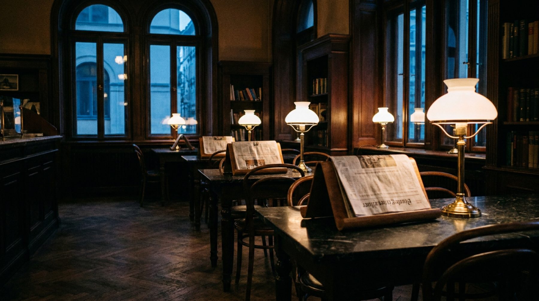 Reading room of an old Viennese coffee house at dusk, with newspapers on wooden holders beneath glass table lamps