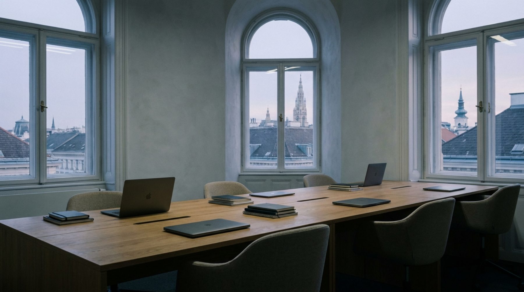A long shared desk in an office with arched windows looking out over Vienna’s rooftops and the City Hall tower