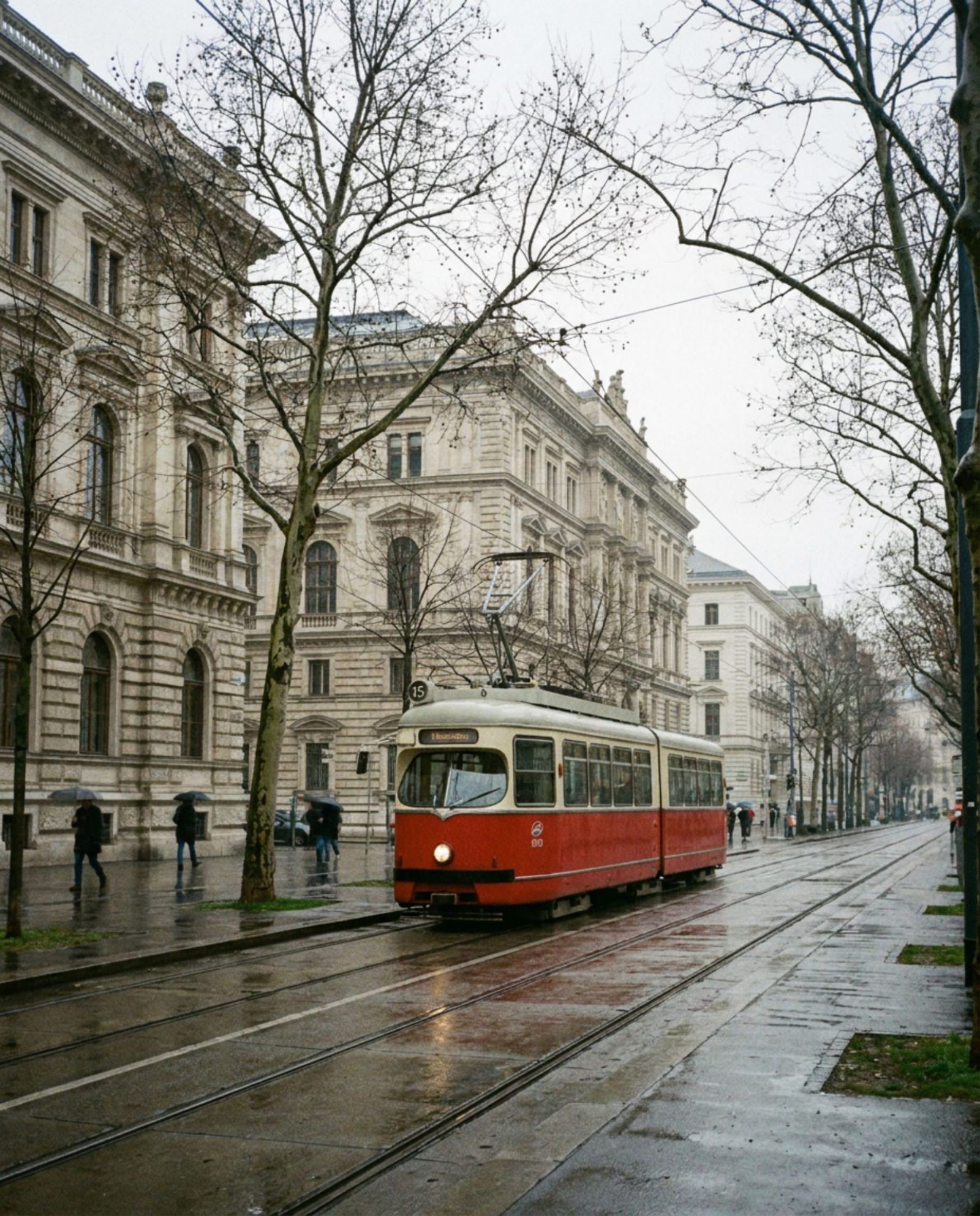 A red and white tram on Vienna’s Ringstrasse passing nineteenth-century facades on a rainy day
