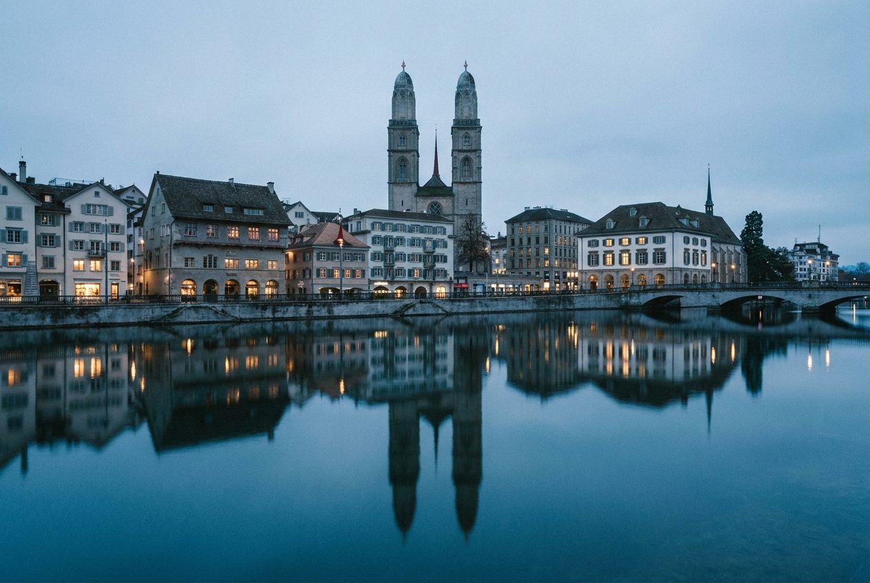 Zurich’s old town and the Grossmünster across the Limmat at blue hour